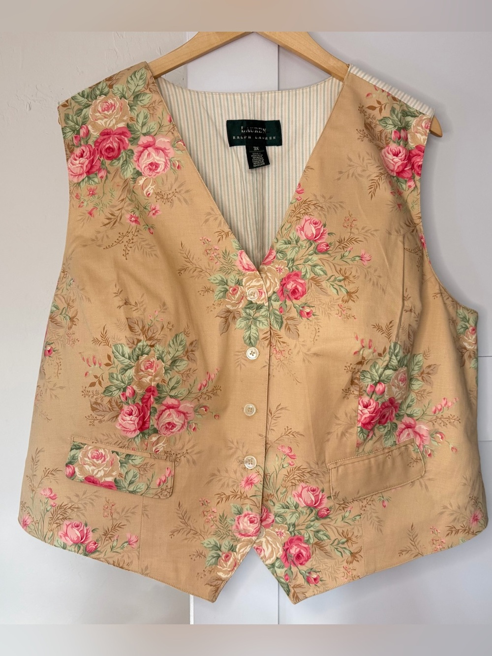 Vintage 90’s Lauren Ralph Lauren Cottagecore Vest Beige with Pink Roses Size 3X